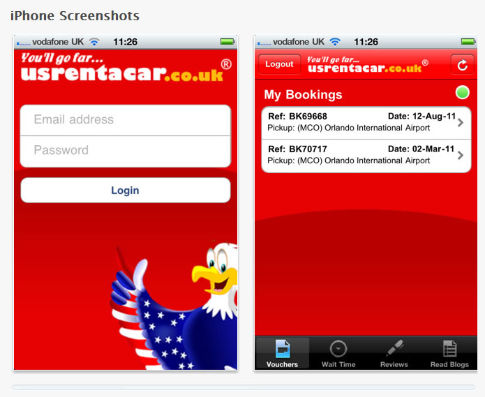 Screen shots from the usrentacar voucher app